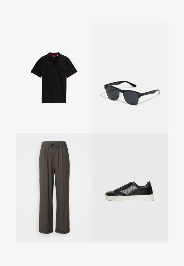 Juodas polo marškinėlis su tekstūrizuota medžiaga, raudona apykakle ir rankovių akcentais, trijų mygtukų užtrauktukas, trumpomis rankovėmis ir be matomų raštų.; Tamsiai pilkos plačios kelnės su virvute liemenyje, pagamintos iš minkštos, tekstūrinės medžiagos, su apsuktomis kraštinėmis ties kulkšnimis.; Juodi sportiniai batai su tekstūruotu krokodilo odos pamušalu, apvalia kojų dalimi ir kontrastinga balta guma su lygiu paviršiumi.; Juodos saulės akinių su stačiakampiu rėmeliu, tamsiais lęšiais, sidabrinėmis detalėmis šventrajose ir matinio paviršiaus rėmeliu.