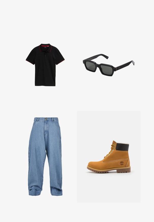 Sort polo skjorte med tekstureret stof, rød krave og ærmeaccenter, tre-knap lukning, korte ærmer og uden synlige mønstre.; Lysblå denimbukser med løst fit, knaplukning, forlommer og cuffed kant, der har et klassisk fem-lomme design.; Brune læder ankelstøvle med metaløjer, hvid pelsforing, sort polstret krave, robust sål og præget logo på siden.; Sorte, firkantede solbriller med grå linser. Tykt plastisk stel med guld detaljer og branding på stangen. Glat tekstur.