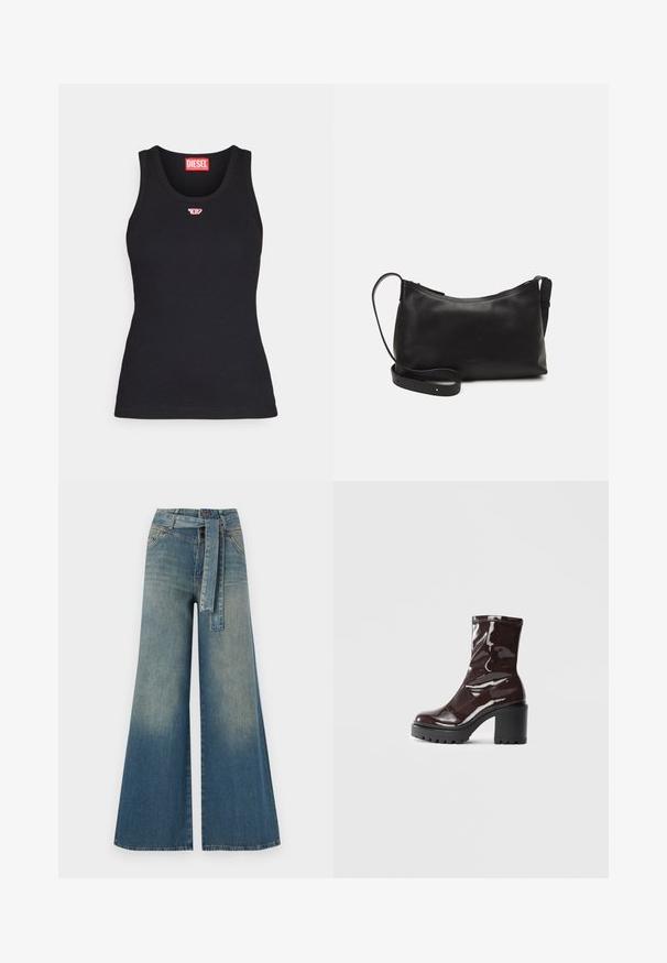 Black tank top made of cotton with a rounded neckline, featuring a small red logo on the chest and a fitted design.; Wide-leg denim trousers featuring a light to dark blue gradient, high waist, belt loops, and a matching fabric belt. Textured denim finish.; Glossy burgundy ankle boot with a chunky black heel, featuring a smooth texture and simple design. No visible fastenings or patterns.; Black leather shoulder bag with a smooth texture, curved shape, adjustable strap, and a zip closure. Minimalist design without embellishments.