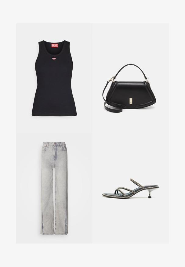 Musta toppi, joka on valmistettu puuvillasta, pyöreällä pääntiellä, jossa on pieni punainen logo rinnassa ja istuva muoto.; Vaaleansiniset leveälahkeiset farkut, joissa on haalistunut pesu, vetoketjukiinnitys, viisi taskua ja kontrastiväriset ompeleet.; Denim sandaalit, joissa on kolme ohutta narua, jotka on koristeltu kimalteilla, terävä nilkka ja metallinen, korkean koron muotoilu. Liukumaton pohja.; Mustalla nahkalaukulla, jossa on jämäkkä muotoilu, lyhyt malli, yläkahva ja kultaiset yksityiskohdat. Säädettävä olkahihna sisältyy.