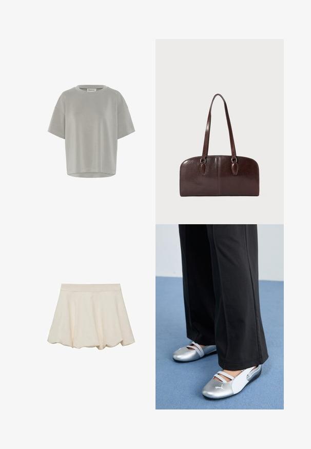 My Essential Wardrobe HELLE EMB BOXY - T-shirts basic - moon mist; Cremefarvet nederdel med en blød, glat tekstur, rundet design og en bølget kant. Har en bred, elastisk talje for komfort.; Sølv- og hvide flade sko med krydsede stropper og tekstureret detaljering, suppleret med løse sorte bukser. Sat mod en blå gulv.; Brun lædertaske med to lange håndtag, en struktureret rektangulær form, glat tekstur og afrundede kanter. Har accentdetaljer ved håndtagene.