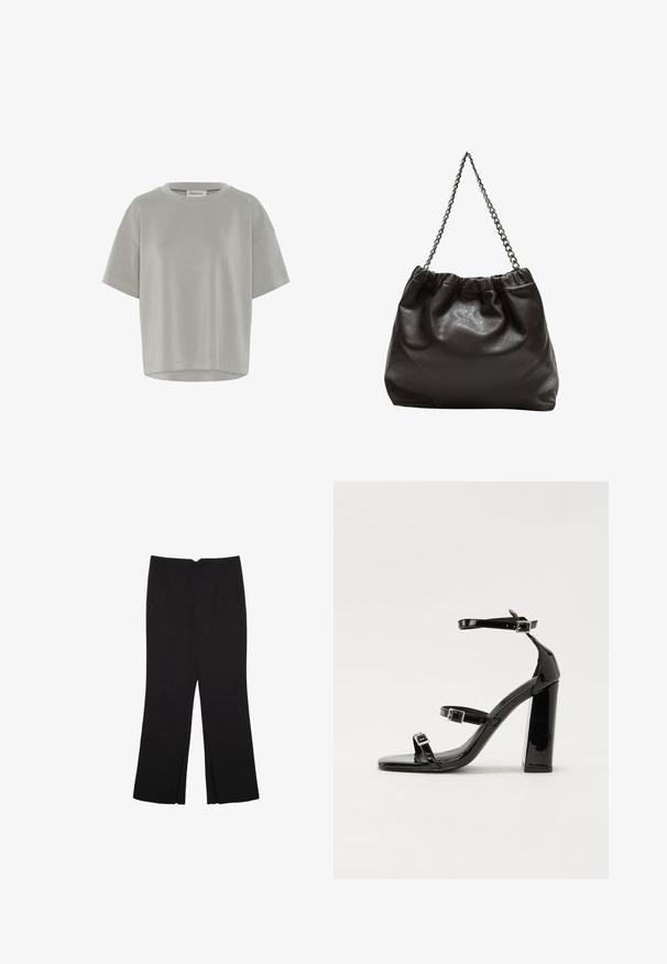 My Essential Wardrobe HELLE EMB BOXY - T-shirts basic - moon mist; Sorte bukser med lige pasform, der har frontlommer og slidser i kanten. Lavet af blødt, glat stof. Velegnet til forskellige anledninger.; Sorte patenterede hælsandaler med firkantet tå, ankelremme og sølvspænder. Har en chunky blokHæl for stabilitet.; Brun lædertaske med en rynket top og en kædestrop. Glat tekstur med en blank finish og subtile sømdetaljer på siderne.