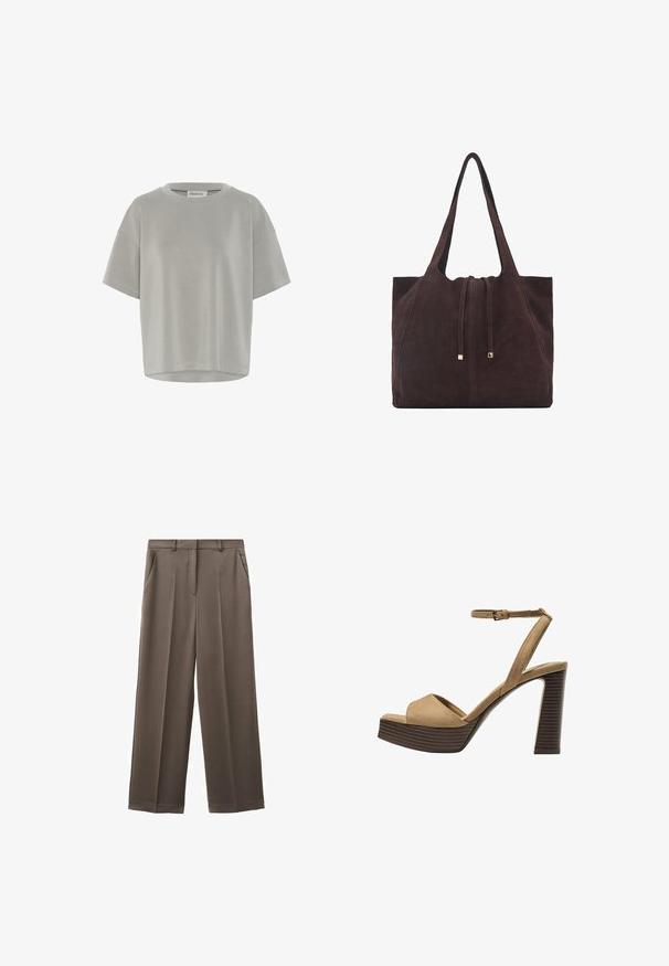 My Essential Wardrobe HELLE EMB BOXY - Osnovna majica kratkih rukava - moon mist; Hlače širokih nogavica u prigušenoj smeđoj tkanini s glatkom teksturom, s dva prednja džepa i krojenim pojasom.; Beige suedirane sandale s visokim potpeticama, širokom prednjom trakom i trakicom oko gležnja, s debelom drvenom blok-potpeticom s teksturiranim završetkom.; Mango Velika torba - dark brown