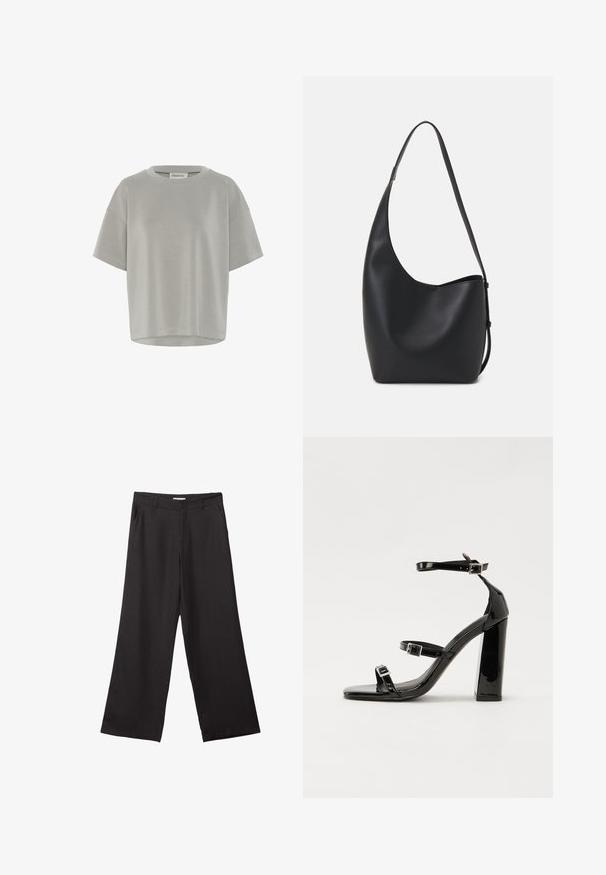 My Essential Wardrobe HELLE EMB BOXY - Základné tričko - moon mist; Čierne široké nohavice vyrobené z hladkej tkaniny, so zipsom vpredu a dvoma bočnými vreckami, s prispôsobeným strihom a minimalistickým dizajnom.; Čierne lakované sandále na podpätku so štvorcovou špičkou, navlečenými remienkami okolo členku a striebornými prackami. Disponujú masívnym blokovým podpätkom pre stabilitu.; Čierna kožená hobo taška so hladkou textúrou, zakriveným tvarom a jedným nastaviteľným popruhom; má široké otvorenie na vrchu.