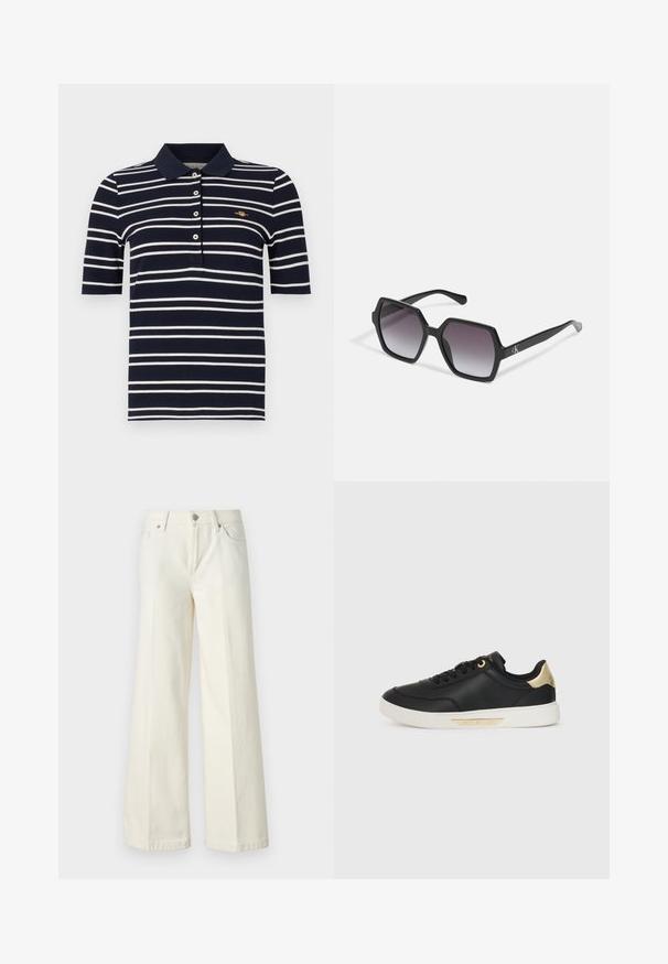 Tumed ja valged triibulised polo-särgid lühikeste varrukatega, kolm nööpi ja väike kuldne logo rinna peal; puuvillane kangas tekstuurse viimistlusega.; Laiad valged teksad, mis on valmistatud puuvilla segust. Omavad lukuga eesmist sulgemist, viie taskuga disaini ning õmblusi pükste saemetes.; Must have nahkapäkk, millel on sile tekstuur, valge kummitald, kuldsed aktsendid kanna ja silmade ümber, külgedel logo.; Mustad kuuekülgsed prillid gradueeritud läätsedega, millel on läikiv viimistlus ja peene bränding põlvel. Vastupidav plastikust konstruktsioon.