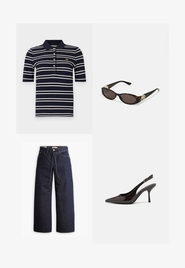 Tengerészkék és fehér csíkos póló, rövid ujjú, három gombbal, és egy apró arany logóval a mellrészen; pamut anyag, texturált felülettel.; Széles lábú, sötétkék farmernadrág magas derékkal, húzózsinórral, öt zsebbel és kontrasztos varrással.; Fényes sötétbarna lakkbőr magas sarkú slingback cipő, hegyes orral, nyitott oldalakkal és állítható bokapánttal.; Tortából készült napszemüveg, hosszúkás ovális lencsékkel, barna színű árnyalattal, arany logóval a fülkagylón, és karcsú fekete szárakkal.