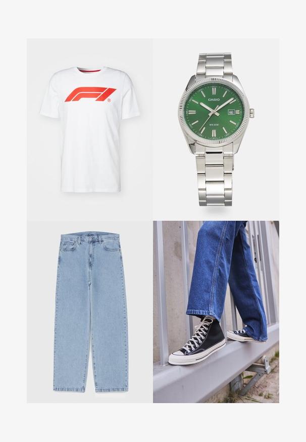 Balta kokvilnas T-kreka ar lielu sarkanu Formula 1 logotipu centrā priekšpusē. Īsās piedurknes un apaļa kakla izgriezums ar sarkanu iekšējo apdari.; Gai zila džinsu bikses ar taisnu kāju dizainu, kas piedāvā vidēju vidukļa augstumu, piecas kabatas un pogas un rāvējslēdzēja aizdari.; Melnas augstas kedas ar baltu zoli un auklām, apvienotas ar brīvām zilām džinsām, atpūšoties uz pelēka margotā balsta.; Sudraba nerūsējošā tērauda pulkstenis ar apaļu zaļu ciparnīcu, sudraba stundu rādītājiem, datuma displeju un metāla saiti. Ūdensizturīgs līdz 50 metriem.