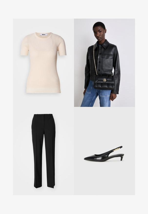 Crème ribfluwelen top met korte mouwen en een ronde halslijn. Gemaakt van een zachte stof, met een getailleerde pasvorm en een subtiele textuur. DKNY-label zichtbaar.; Zwarte op maat gemaakte broek met een recht model, voorzien van een soepele textuur en scherpe plooien aan de voorkant. Geen zichtbare hardware.; Zwarte leren slingback hakken met een spitse neus, voorzien van een slanke hak en een goudkleurige accent op de verstelbare band. Gladde textuur.; Zwarte leren jack met knoopsluiting en twee voorzakken, gecombineerd met een zwarte gevoerde handtas met een gouden sluiting en kettingriem.