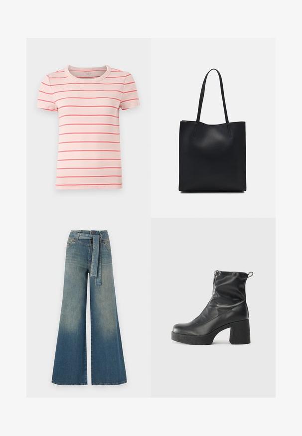 Īsām piedurkņu, apaļā izgriezuma T-krekls gaiši rozā krāsā ar plānām sarkanām un baltām horizontālām svītrām. Ribota tekstūra. Zīmola logo pie apkakles.; Platām kājām džinsu bikses ar gaismas līdz tumši zilam gradientam, augstu jostas līniju, jostas cilpām un atbilstošu auduma jostu. Tekstūrēts džinsas apdare.; Melni potītes zābaki, kas izgatavoti no gludas ādas, ar sānu rāvējslēdzēju, masīvu strukturētu papēdi un noapaļotu purngalu.; Melnas ādas somiņa ar gludu tekstūru, taisnstūra formu un divām garām rokturiem. Nav redzamu aparatūras vai rotājumu.