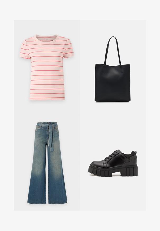 Short-sleeve, crew neck t-shirt in light pink with thin red and white horizontal stripes. Ribbed texture. Brand logo at neckline.; Wide-leg denim trousers featuring a light to dark blue gradient, high waist, belt loops, and a matching fabric belt. Textured denim finish.; Black leather platform shoes with a chunky block heel, round toe, and traditional lace-up design. Features smooth texture and minimal detailing.; Black leather tote bag with smooth texture, rectangular shape, and two long handles. No visible hardware or embellishments.
