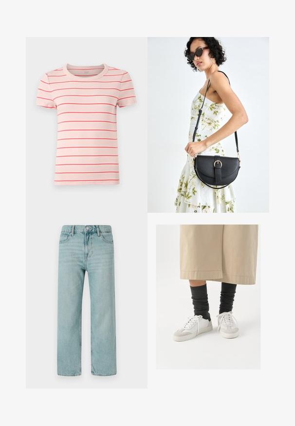 Trumpas rankovėmis, apvalios iškirptės marškinėliai šviesiai rožinės spalvos su plonomis raudonomis ir baltomis horizontaliomis juostomis. Raukšlėta tekstūra. Prekės ženklo logotipas ant iškirptės.; Šviesiai mėlyni plačiakojai džinsai, pagaminti iš džinsinio audinio, su klasikinio penkių kišenių dizainu, švariomis linijomis ir reguliariu liemeniu su mygtuko uždarymu.; Balti ir pilki sportbačiai su juodu kulno akcentu, kurių viršus pagamintas iš lygaus odos, o pirštai padengti tekstūruotu zomšiniu paviršiumi. Dėvimi su tamsiai pilkomis, laisvai krentančiomis kojinėmis.; Juodas odinis krepšys su išlenkta forma, nuimamu dirželiu ir auksiniais detalėmis. Krepšys turi kilpą su sagtimi.