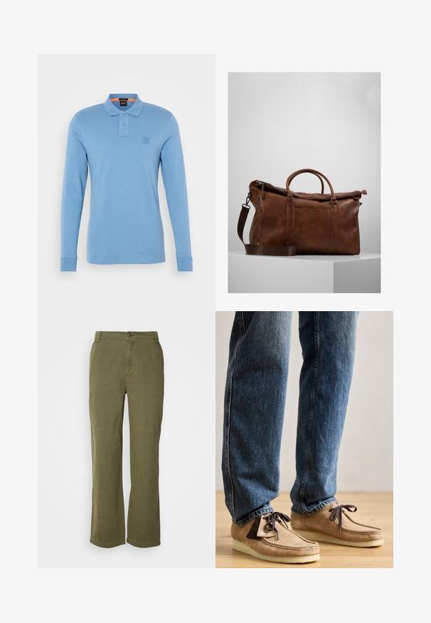 Camisa de polo de manga longa em azul claro, feita de tecido macio, com colarinho, placket de três botões e um pequeno logotipo no peito.; Calças de algodão verde-oliva com um design de perna reta, fecho de botão visível e costuras nos joelhos para um toque de detalhe e estrutura adicionais.; Mocassins em camurça na cor tan com detalhe em castanho escuro, bico arredondado e sola branca acolchoada. Apresenta design com atacadores e costuras decorativas.; Mala de viagem de couro castanho com fecho de zip, pegas duplas, alça de ombro ajustável e padrões de textura visíveis na superfície.