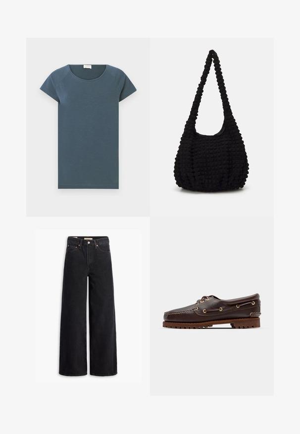 CLOSED Paprasti marškinėliai - graphite blue; Juodos plačios kojų džinsai, pagaminti iš džinsinio audinio, su penkiomis kišenėmis, varinėmis iškrovomis ir klasikiniu mygtuko uždarymu. Lygi tekstūra su švariu dizainu.; Rudos odinės jachtų bateliai su auksinėmis akytėmis, apvaliais raiščiais ir tekstūruota ruda gumine padu. Yra siuvinėti dekoratyviniai elementai ir iškeltas logotipas.; Juodos tekstūruotos audinio rankinės su viena varstyta juosta, turinčios purų siluetą ir surinktą paviršiaus dizainą.