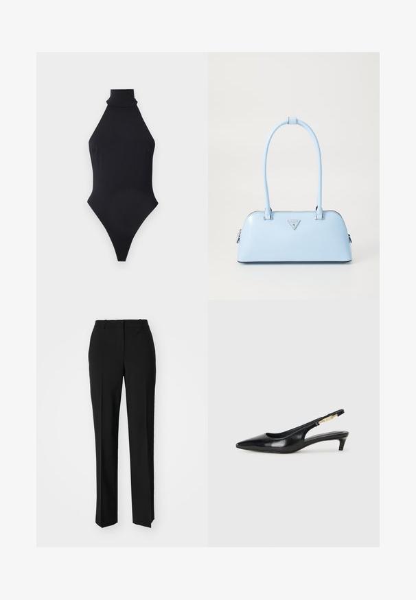 Black high-neck one-piece swimsuit, featuring a sleek design, smooth texture, and a high-cut leg for a streamlined silhouette.; Black tailored trousers with a straight-leg design, featuring a smooth texture and crisp creases along the front. No visible hardware.; Black leather slingback heels with a pointed toe, featuring a slim heel and a gold-tone accent on the adjustable strap. Smooth texture.; Light blue handbag with a structured shape, smooth leather material, two handles, and a triangular brand logo on the front. Zippered closure.