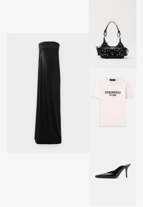 Pink cotton t-shirt featuring "DSQUARED2 MILANO" printed in navy blue. Classic crew neck design with short sleeves. Smooth texture.; Black strapless maxi dress made of smooth, shiny fabric. Features a fitted bodice and flowing silhouette, reaching the floor without embellishments.; Black patent leather high-heeled mule with a pointed toe and a sleek silhouette, featuring an open back and a slender stiletto heel.; Black leather handbag with a curved design, featuring silver studs, a buckle, and two side pockets. Adjustable strap for carrying options.