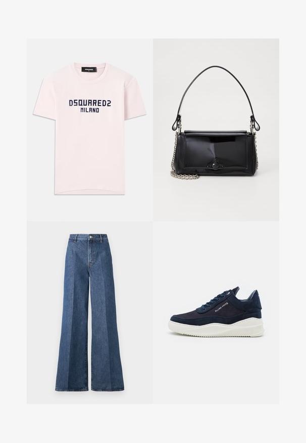 Roosa puuvillane t-särk, millel on sinise värviga trükitud "DSQUARED2 MILANO". Klassikaline ümmargune kaelus ja lühikesed varrukad. Sile tekstuur.; Laiad sinised denimpüksid kõrge vöökohtusega, klassikalise viie taskuga ja nööpkinni, valmistatud tekstureeritud puuvillakangast.; Tumedat meriinokeed, millel on valged kummist tallad, ümar varvas ja samuti seotud disain. Tootel on külgedel logo detail ja tekstuuriga aktsendid.; Mustmust mustkott mustmust mustkott, millel on ristkülikukujuline kuju, kettstrap ja silmapaistev viimistlusaktsent keskel. Sile tekstuur.