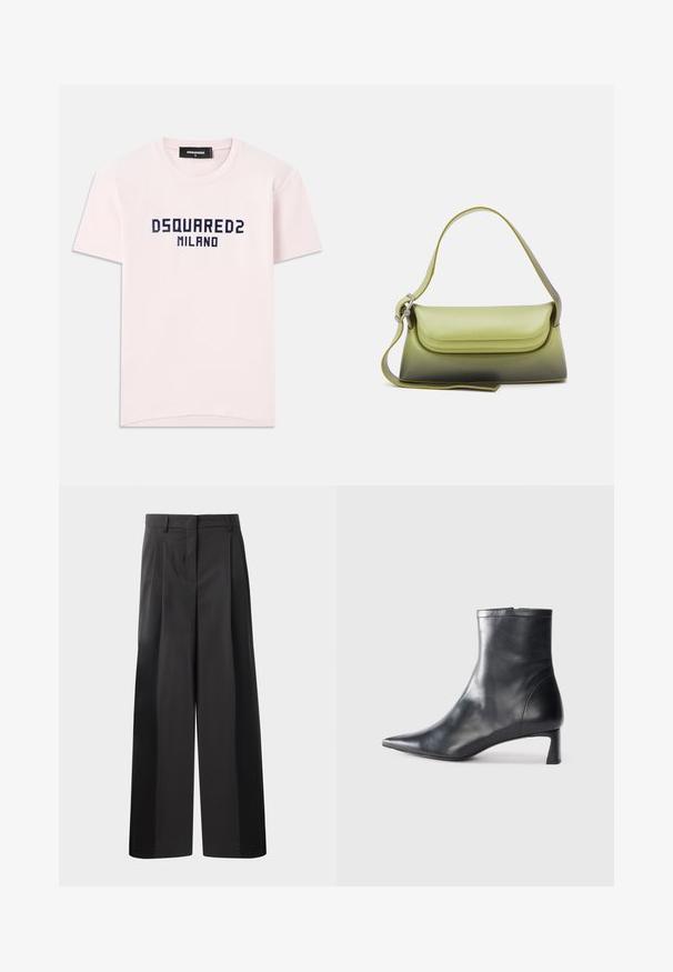 Vaaleanpunainen puuvillainen t-paita, jossa on sinisellä printattu "DSQUARED2 MILANO". Klassinen pyöreä kaula-aukko ja lyhyet hihat. Sileä pinta.; Mustat, leveälahkeiset housut korkealla vyötäröllä, etupleiteillä, sileällä pinnalla ja huolitellulla viimeistelyllä. Suunniteltu rentoon istuvuuteen.; Musta nahkainen nilkkabotti, jossa on teräväkärkinen muotoilu ja tyylikäs design. Varusteena matala korko ja takana vetoketjukiinnitys. Sileä pinta.; Osoi FOLDER BROT - Käsilaukku - prism yellow