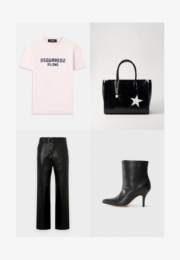 Camiseta de algodón rosa con la impresión "DSQUARED2 MILANO" en azul marino. Diseño clásico de cuello redondo y mangas cortas. Textura suave.; Pantalones de cuero negros de cintura alta con piernas anchas, grandes bolsillos frontales y un cinturón a juego con hebilla de doble anillo.; Botín de cuero negro con punta afilada, tacón de aguja delgado y textura lisa. Diseño minimalista sin hardware o acentos visibles.; Bolso de mano de charol negro con una forma elegante. Presenta herrajes de cadena plateada, una cerradura y un acento de estrella blanca en el lateral.