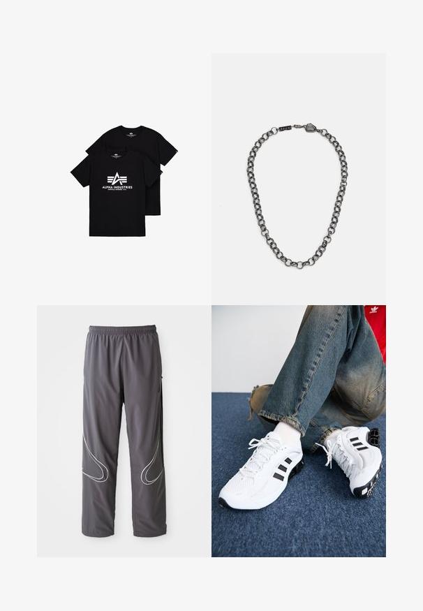 Zwarte katoenen t-shirts met een wit logo met een "A" en daaronder drie strepen. Ronde hals en korte mouwen, gepresenteerd in een gestapelde positie.; Heren grijze sportbroeken met een elastische tailleband, ritssloten en reflecterende witte accenten aan de zijkanten. Lichtgewicht, zachte textuur.; Witte mesh sport schoenen met zwarte accenten, voorzien van een textuurontwerp en een onderscheidende zool, gecombineerd met blauwe spijkerbroeken.; Metalen ketting met uitgestrekte schakels in een donkere gunmetalkleur. Bevat een geometrische accent en sluiting met merkdetail.