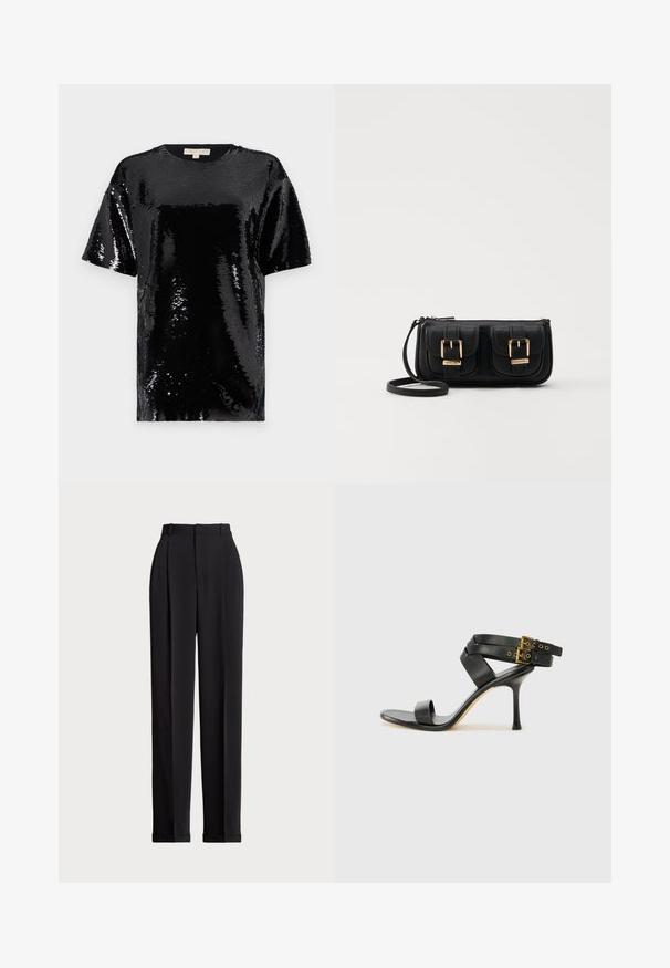 Top negru cu mânecă scurtă, acoperit cu sequins, având un guler rotund și o textură uniformă, reflectorizantă.; Pantaloni negri, croiți pe măsură, cu talie înaltă, cu plii în față, design cu picior drept și tiv manșetat. Confecționați dintr-un material neted.; Sandalie negre cu toc, cu curele încrucișate și cataramă ajustabilă. Prezintă o textură netedă și un toc stiletto conic.; Geantă neagră din piele, tip crossbody, cu două buzunare frontale, catarame aurii, închidere cu fermoar și o curea subțire. Suprafață texturată și formă rectangulară compactă.