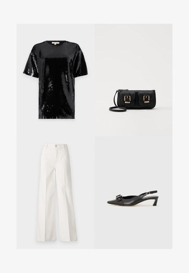 Črn kratkoslečeni top prekrit s svetlikajočimi se bleščicami, z okroglo širino in splošno gladko, odsevno teksturo.; Bele široke hlače iz bombaža z gladko teksturo. Imajo gumb spredaj, zadrgo in zasnovo z štirimi žepi.; Črne usnjene slingback čevlje z ostrim nosom, majhnim petam in dekorativno sponko na zgornjem delu. Gladka tekstura, minimalistična zasnova.; Črna usnjena torbica čez ramo z dvema sprednjima žepoma, zlatimi zaponkami, zadrgo in ozkim pasom. Tekstura površine je strukturirana, obliko pa ima kompaktno pravokotno.