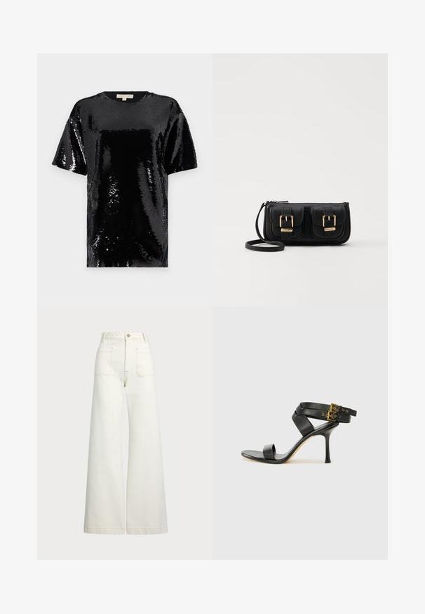 Fekete, rövid ujjú top, amelyet flitterek borítanak, kerek nyakkivágással és általánosan sima, fényes textúrával.; Széles szárú farmernadrág off-white denim anyagból. Magas derekú dizájn, gombos záródással, két elülső zsebbel és kontrasztos varrási részletekkel.; Fekete magassarkú szandál keresztpántos dizájnnal és állítható csattal. Simább felülettel és hegyes tűsarkúval rendelkezik.; Fekete bőr keresztbody táska két elülső zsebbel, arany csattokkal, cipzáras záródással és vékony pánttal. Textúrált felület és kompakt téglalap alak.