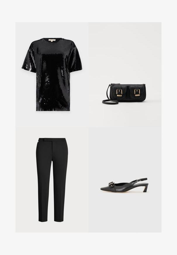 Črn kratkoslečeni top prekrit s svetlikajočimi se bleščicami, z okroglo širino in splošno gladko, odsevno teksturo.; Črne oprijete hlače iz raztegljive tkanine, z ravnim pasom, stranskimi žepi in gladko mat teksturo. Brez vidnih zakov.; Črne usnjene slingback čevlje z ostrim nosom, majhnim petam in dekorativno sponko na zgornjem delu. Gladka tekstura, minimalistična zasnova.; Črna usnjena torbica čez ramo z dvema sprednjima žepoma, zlatimi zaponkami, zadrgo in ozkim pasom. Tekstura površine je strukturirana, obliko pa ima kompaktno pravokotno.