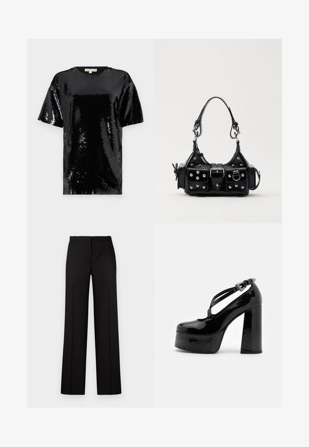 Top corto nero a maniche corte coperto di paillettes, con scollatura tonda e una superficie complessiva liscia e riflettente.; Pantaloni neri su misura con design a gamba dritta, caratterizzati da una texture liscia, una vita piatta e senza hardware o decorazioni visibili.; The Kooples CHAUSSURES - Decolleté - black; Borsa a mano in pelle nera con design curvo, caratterizzata da borchie argentate, una fibbia e due tasche laterali. Tracolla regolabile per diverse opzioni di trasporto.