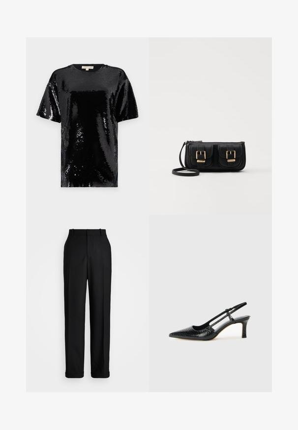 Top corto nero a maniche corte coperto di paillettes, con scollatura tonda e una superficie complessiva liscia e riflettente.; Polo Ralph Lauren HIGH RISE RELAXED STRAIGHT TROUSER - Pantaloni - black; Slingback con tacco in vernice nera con punta affusolata, caratterizzato da una stampa a serpente testurizzata, cinturino regolabile e un tacco corto e testurizzato.; Borsa a tracolla nera in pelle con due tasche frontali, fibbie dorate, chiusura con zip e una tracolla sottile. Superficie texturizzata e forma rettangolare compatta.