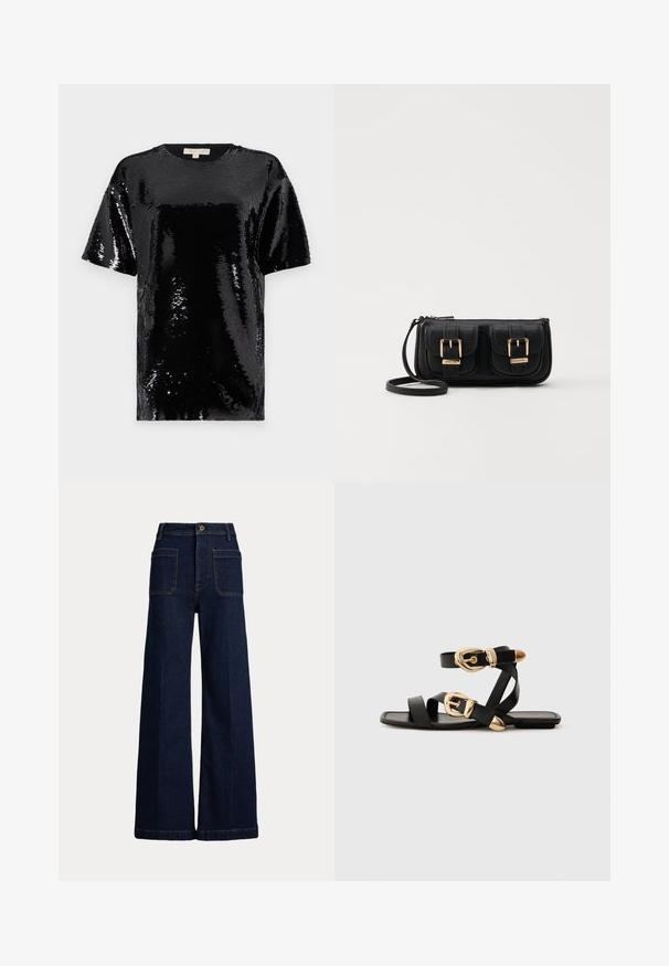 Black short-sleeve top covered in sequins, featuring a round neckline and an overall smooth, reflective texture.; Wide-leg dark blue denim jeans with a high waist, five-pocket design, and contrasting stitching. Features a button closure and a structured shape.; Black leather sandals with gold buckle accents, featuring multiple straps and a flat sole design for open-toe wear.; Black leather crossbody bag with two front pockets, gold buckles, zipper closure, and a slim strap. Textured surface and compact rectangular shape.