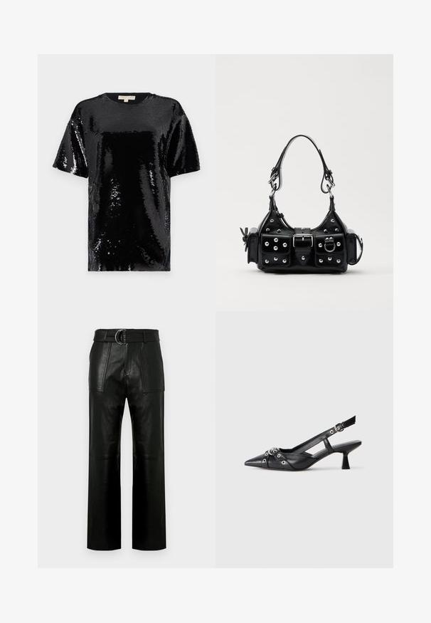 Schwarzes kurzärmeliges Oberteil, bedeckt mit Pailletten, mit einem runden Ausschnitt und einer insgesamt glatten, reflektierenden Textur.; Hochtaillierte schwarze Lederhose mit weitem Bein, großen aufgesetzten Taschen vorne und einem passenden Gürtel mit Doppelringverschluss.; Schwarzer Leder-Slingback-Schuh mit spitz zulaufender Zehenpartie, dekorativen Riemen mit METALLÖSEN und niedrigem Blockabsatz. Strukturelle Oberfläche.; Schwarze Lederhandtasche mit einem geschwungenen Design, verziert mit silbernen Nieten, einer Schnalle und zwei seitlichen Taschen. Verstellbarer Träger für verschiedene Tragemöglichkeiten.
