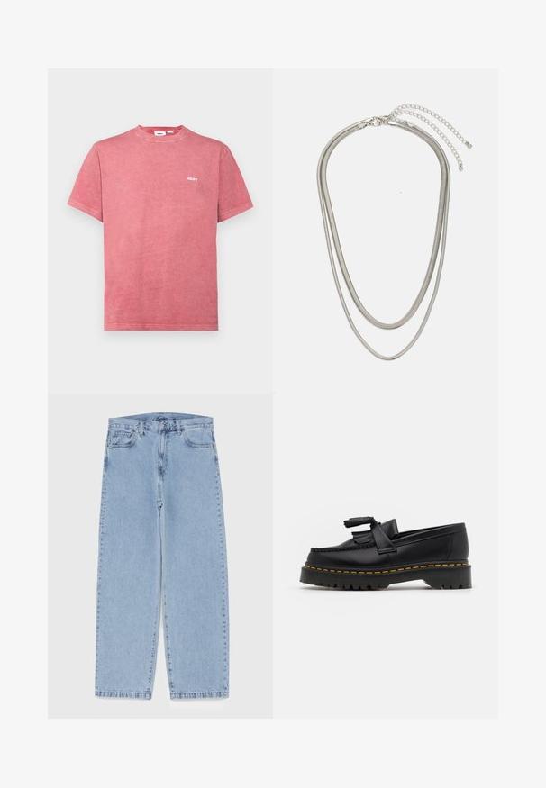 Punane puuvillane t-särk, ümmarguse kaelusega ja lühikeste varrukatega. Vasakul rinnal on väikene valge "obey" logo. Pehme, tekstureeritud kangas.; Heled sinise denimi sirgete põlvede lõikega teksad, millel on keskmise kõrgusega vöökoht, viis taskut ning nööbid ja tõmblukk.; Mustmust musta loafer, millel on frantsiisi aktsent, paks must tald ja kollane õmblus servas. Tekstuuriga viimistlus.; Kolmekihiline hõbedane metallkaelakee, mis on valmistatud peentest, paindlikest kettidest kerge läikega, kinnitatud krabi sulguri ja reguleeritava ketiga.
