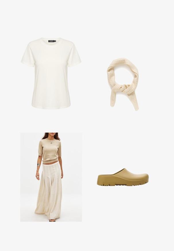 Valkoinen puuvillat-paita lyhyillä hihoilla ja pyöreällä pääntiellä. Kauluksessa on "SOAKED"-merkki. Yksinkertainen, sileä pinta.; Beige neulepusero, jossa on lyhyet hihat, yhdistettynä pitkäan, laskostettuun ja sileätekstuuriseen kermaan väriin hameeseen.; Keltainen kumisaapas, jonka pinta on sileä, avonainen takapuoli ja paksu, teksturoitu pohja, jossa on vaakaraitoja. Suunniteltu mukavuutta ja kestäväisyyttä varten.; Neule harmaa sävyinen huivi, jossa on teksturoitu kuvio pienistä rei'istä. Huivissa on kihara muotoilu, joka luo silmukan kahdelle roikkuvalle päälle.