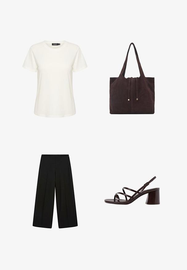 White cotton t-shirt with short sleeves and a round neckline. Features a label reading "SOAKED" inside the collar. Simple, smooth texture.; Black wide-leg trousers made of soft fabric, featuring a high waist and pleats, with a smooth texture and no visible embellishments.; Brown strappy high-heel sandal with a chunky heel, featuring a smooth, glossy finish and multiple crisscross straps on the upper.; Mango Tote bag - dark brown