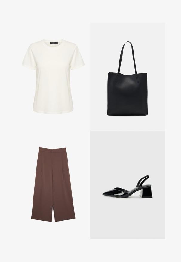 T-shirt bianco in cotone con maniche corte e scollatura rotonda. Presenta un'etichetta con la scritta "SOAKED" all'interno del colletto. Texture semplice e liscia.; Pantaloni ampi marroni con una texture liscia, caratterizzati da una vita alta e pieghe frontali. Il tessuto è leggero e scorre liberamente.; Décolleté in vernice nera con punta affusolata e tacco in geometria cubica. Presentano un design elegante e minimalista, con una texture liscia.; Borsa tote in pelle nera con texture liscia, forma rettangolare e due manici lunghi. Nessun hardware o decorazione visibile.