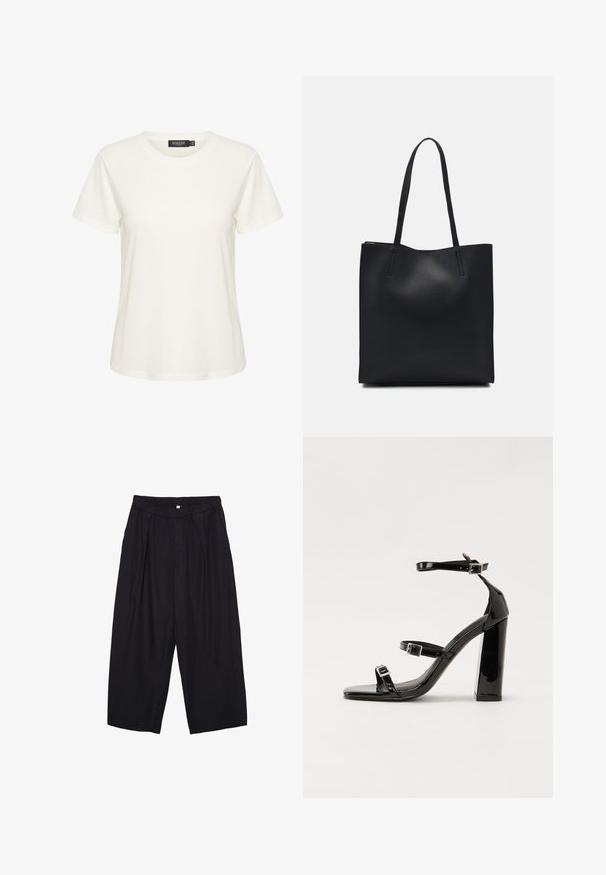 T-shirt bianco in cotone con maniche corte e scollatura rotonda. Presenta un'etichetta con la scritta "SOAKED" all'interno del colletto. Texture semplice e liscia.; Pantaloni culotte neri in poliestere con una cintura elastica, due pieghe frontali e una silhouette ampia. Nessun motivo visibile o dettagli in metallo.; Sandali con tacco in vernice nera, con punta squadrata, cinturini alla caviglia e fibbie in argento. Presentano un tacco a blocco spesso per maggiore stabilità.; Borsa tote in pelle nera con texture liscia, forma rettangolare e due manici lunghi. Nessun hardware o decorazione visibile.