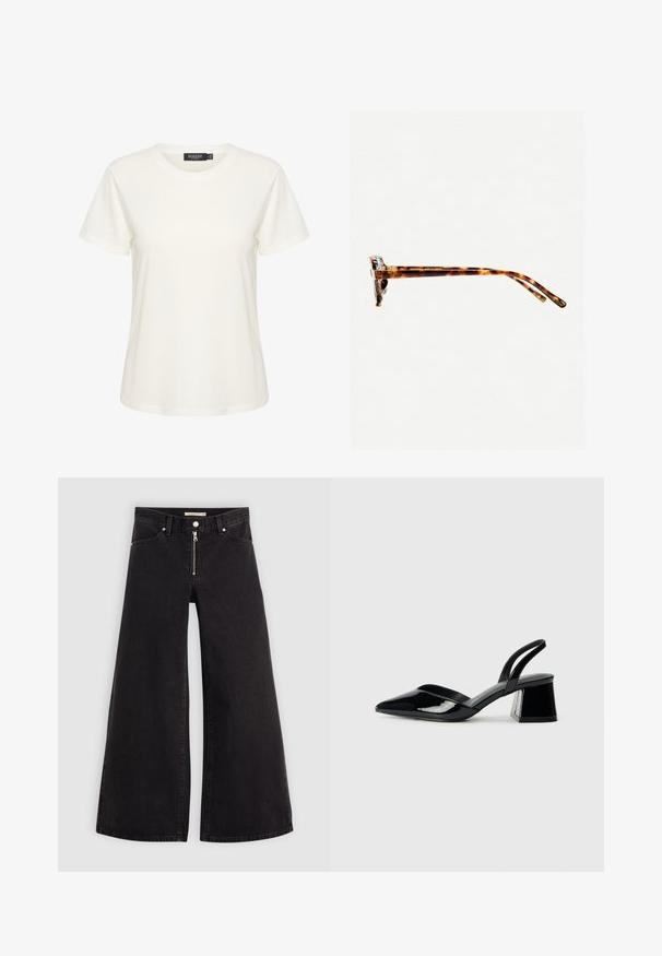 Witte katoenen t-shirt met korte mouwen en een ronde halslijn. Bevat een label met de tekst "SOAKED" aan de binnenkant van de kraag. Eenvoudige, gladde textuur.; Wijdvallende jeans van zwarte denim met een ritssluiting aan de voorkant, vijf zakken en subtiele stikdetails. Soepele textuur en casual stijl.; Zwarte gepatineerde leren slingback hakken met een spitse neus en een geometrische blokhak. Kenmerkt zich door een slank, minimalistisch ontwerp en een gladde textuur.;  schildpadbril met een dikke rand, licht gebogen scharnieren en een soepele textuur. Beschikt over een klassiek ontwerp met een glanzende afwerking.