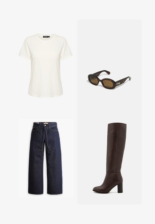 Weißes Baumwoll-T-Shirt mit kurzen Ärmeln und rundem Halsausschnitt. Enthält ein Etikett mit der Aufschrift "SOAKED" im Kragen. Schlichte, glatte Textur.; Weite, dunkelblaue Jeans aus Denim mit hoher Taille, ausgestattet mit einem Kordelzug, fünf Taschen und kontrastierenden Nähdetails.; Braune Lederstiefel bis zum Knie mit Blockabsatz, glatter Textur, runder Spitze und minimalen Nahtdetails.; Schildpatt-Sonnenbrille mit ovalen Fassungen, braunen getönten Gläsern und "Chloé"-Markierung am Bügel. Glattes Kunststoffmaterial mit glänzender Oberfläche.; Geflochtene braune Ledertasche mit runder Form, doppeltem oberen Griff und glatter Textur; verfügt über subtile Nähte als Designdetail.