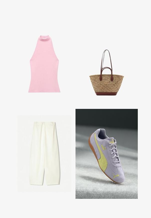 Ružová bezrukávová blúzka s vysokým golierom, vyrobená z hladkej pleteniny. Má priliehavý strih a čisté okraje. Bez viditeľných vzorov alebo akcentov.; Bavlnené nohavice s širokými nohavicami v jemnej krémovej farbe, s hladkým povrchom, prednými vreckami a voľným strihom s pásom strednej výšky.; Svetlofialové semišové tenisky s žltými akcentmi, textúrovaným bočným panelom, šnurovacími šnúrkami a gumovou podrážkou. Logo Puma na boku.; Tkána slamenná taška s prepletenou textúrou, tmavohnedé kožené rúčky a dno, široký obľúkový tvar a otvorený dizajn na vrchu.