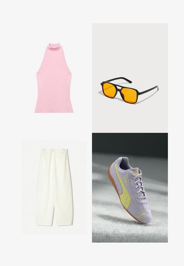 Top rosa senza maniche con collo alto, realizzato in un tessuto a maglia liscio. Presenta una forma aderente e bordi puliti. Nessun motivo o dettaglio visibile.; Pantaloni a gamba larga in un morbido tessuto crema, caratterizzati da una texture liscia, tasche frontali e una vestibilità morbida con una vita di altezza media.; Sneaker in suede viola chiaro con accenti gialli, pannello laterale testurizzato, design con lacci e suola in gomma color beige. Logo Puma sul lato.; Occhiali da sole rettangolari neri con lenti arancioni audaci. Presentano un design unico del ponte e aste eleganti, realizzati in materiale leggero.