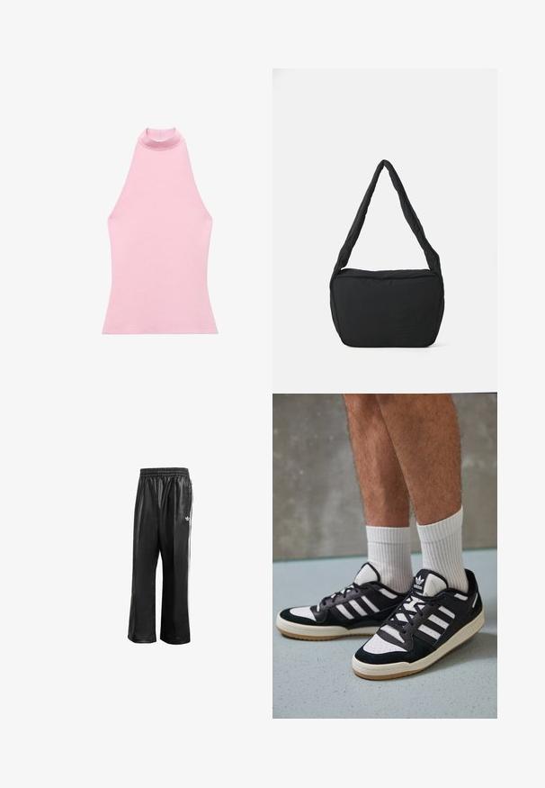 Różowa, bezrękawnikowa bluzka z wysokim dekoltem, wykonana z gładkiego dzianinowego materiału. Posiada dopasowany fason i czyste krawędzie. Brak widocznych wzorów lub dodatków.; Czarne syntetyczne spodnie dresowe z elastycznym pasem, z białymi paskami po bokach i małym białym logo na lewym biodrze.; Czarno-białe sneakersy z zamszową i skórzaną cholewką, z trzema białymi paskami, perforowanym czubkiem i gumową podeszwą w kolorze gumy.; Czarna torba na ramię o miękkiej teksturze, zaokrąglonym kształcie i szerokim pasku, z wytłoczonym logo z przodu.