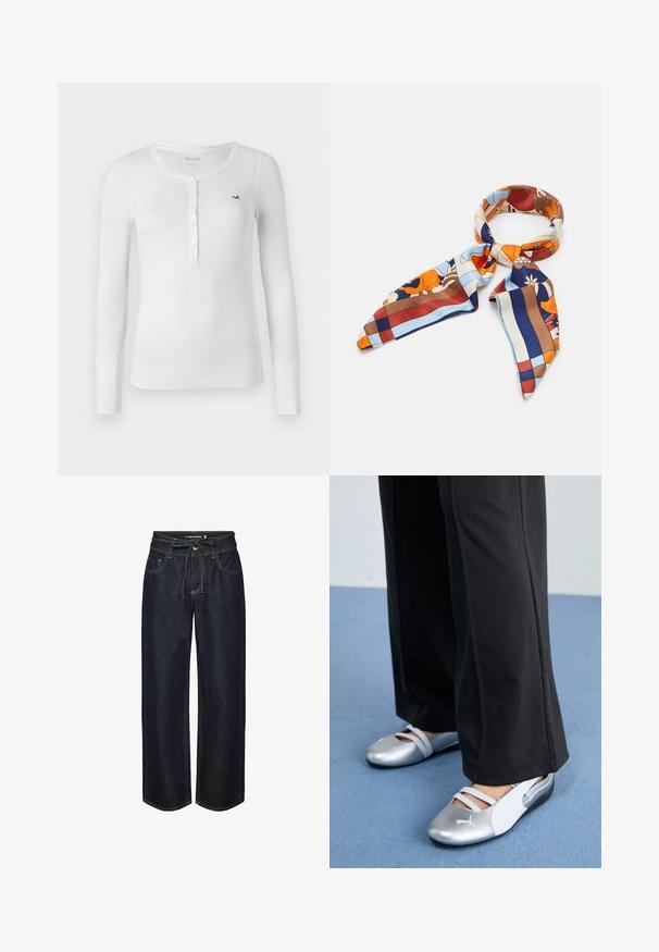 Pitkähihaine valkoinen Henley-paita, jossa on ribbikuvio ja napitus. Oikealla rinnassa pieni punainen logo, pyöreä kaula-aukko.; Tummat farkut, joissa on leveät lahkeet ja nyörikiinnitys vyötäröllä. Niissä on kontrastivärisiä tikkejä, etutaskut ja hieman väljähkö istuvuus.; Hopeiset ja valkoiset litteät kengät, joissa on ristikkäin kulkevat hihnat ja tekstuuri, täydentävät löysiä mustia housuja. Taustalla sininen lattia.; Silkki huivi, jossa on värikäs kukka- ja geometrinen kuvio oranssin, sinisen, ruskean ja kermaisen sävyissä. Kolmiomaiset päät ja sileä rakenne.