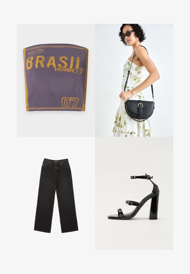 Fialová textilní čelenka s žlutým nápisem "BRASIL" a číslem "07". Měkká textura s našitým okrajem.; Černé široké džíny vyrobené z denimu, s malými tečkovanými vzory, klasickým pětikapsovým designem a zapínáním na knoflík a zip.; Černé lakované sandály na podpatku se čtveratou špičkou, lýtkovými pásky a stříbrnými přezkami. Disponují masivním blokovým podpatkem pro stabilitu.; Černá kožená kabelka s křivkovým tvarem, odnímatelným popruhem a zlatými detaily. Kabelka má klopu s přezkou.