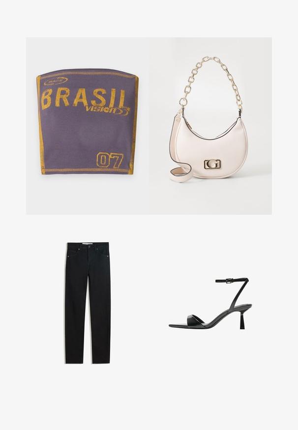 Vijoličen traku iz tkanine, ki ima rumeno oznako "BRASIL" in številko "07". Mehka tekstura z zašitimi robovi.; Črne jeans hlače s ravnim krojem, petimi žepi, kovinskim gumbom za zapiranje in subtilnimi šiviljskimi podrobnostmi. Gladka tekstura.; Bershka Sandali z visoko peto - black; Roza teksturirana usnjena torbica z zlatim verižnim ročajem, okrogle oblike in z zlatim logotipom na sprednji strani. Ima tudi dodatni naramni trak.