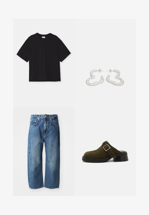 Μαύρη κοντομάνικη μπλούζα από βαμβάκι. Διαθέτει άνετη εφαρμογή, στρογγυλή λαιμόκοψη και δεν έχει ορατά μοτίβα ή διακοσμήσεις.; Μπλε τζιν παντελόνι με χαλαρή, φαρδιά γραμμή, που διαθέτει μπροστινές τσέπες, κλείσιμο με κουμπί και φερμουάρ, και διακριτική φθορά στα γόνατα.; Ελιάς πράσινες σουέτ μπαλαρίνες με χαμηλό, χοντρό μαύρο τακούνι. Διαθέτουν πλευρικό λουράκι με ασημένια αγκράφα για ρύθμιση. Λείο υφή συνολικά.; Ασημί σκουλαρίκια με κυματιστό, αφηρημένο σχέδιο διακοσμημένα με μικρούς, λαμπερούς κρυστάλλους. Ασφαλής κλείσιμο με στήριξη.