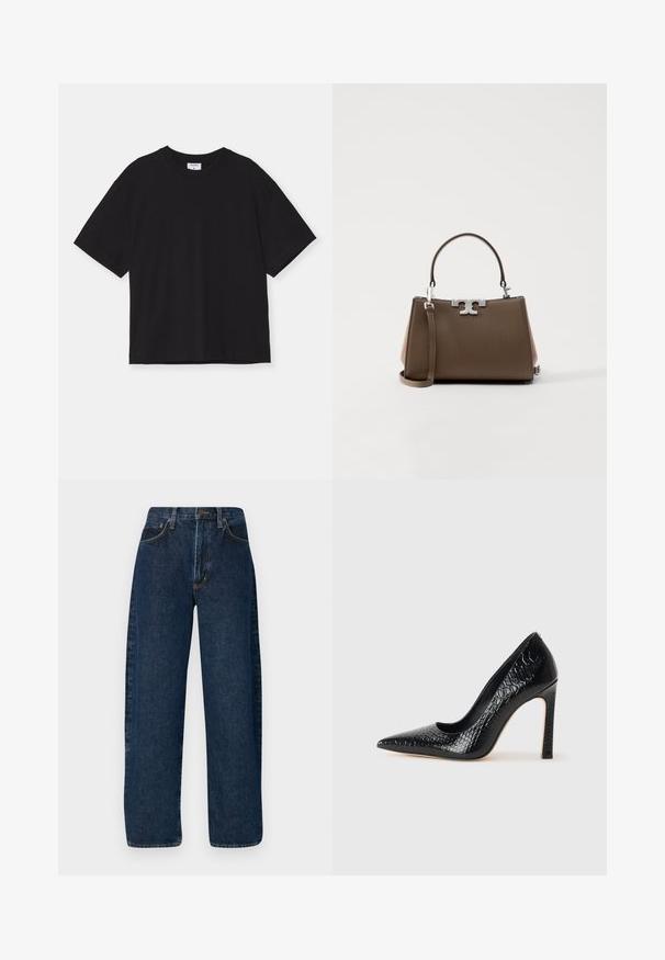 Čierne tričko s krátkymi rukávmi vyrobené z bavlny. Má voľný strih, okrúhly výstrih a žiadne viditeľné vzory ani ozdoby.; Džínsové nohavice s širokými nohavicami v modrej farbe s vysokým pásom, s klasickým štýlom piatich vreciek a kontrastným stehom pozdĺž švov.; Čierna lodička s špicatou špičkou a lakovanou textúrou krokodíla, s elegantným dizajnom, vysokým stiletto podpätkom a hladkým čiernym interiérom.; Hnedá kožená kabelka so štruktúrovaným tvarom, striebornými kovovými prvkami a dvojitými rúčkami. Disponuje logom na prednej strane a odnímateľným popruhom.