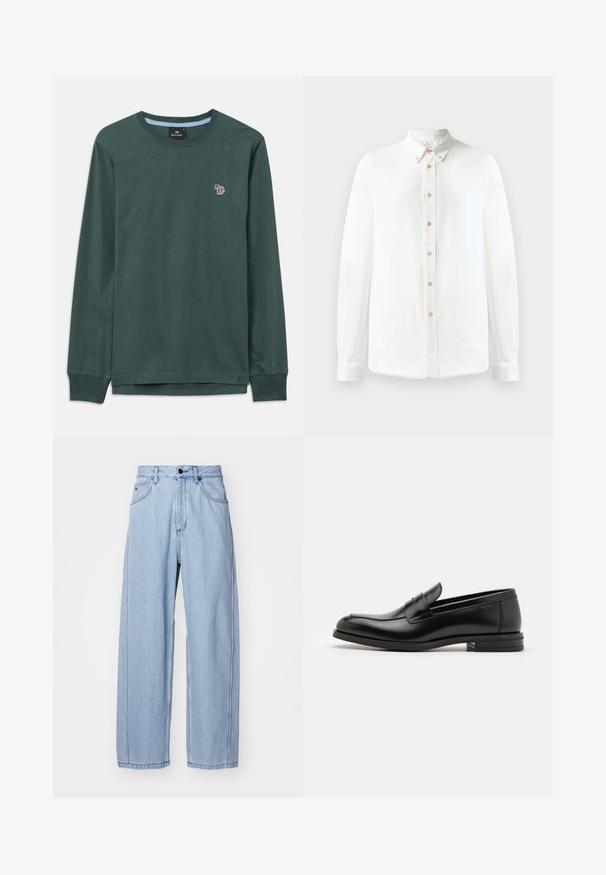 Tamsiai žalia ilgomis rankovėmis maikutė su apvaliu kaklu, su mažuoju daugiak COLOR zebriniu logotipu kairėje krūtinės pusėje ir raukšlėtomis rankovėmis.; Balta ilga rankovė mygtuko tipo marškiniai, pagaminti iš minkštos medžiagos, su klasikinio tipo apykakle, apvalių rudų mygtukų eile ir mygtukinėmis apyrankėmis.; Šviesiai mėlynų džinsų kelnės su plačiomis kojomis, su priekinėmis kišenėmis, užsegimu ant mygtuko ir išsamiai siuvinėtomis siūlėmis.; Juodos odinės loafers, turinčios lygų paviršių, apvalią noselę ir dekoratyvinę juostą per priekinę dalį. Žemas krentantis kulnas, minimalistinis dizainas.