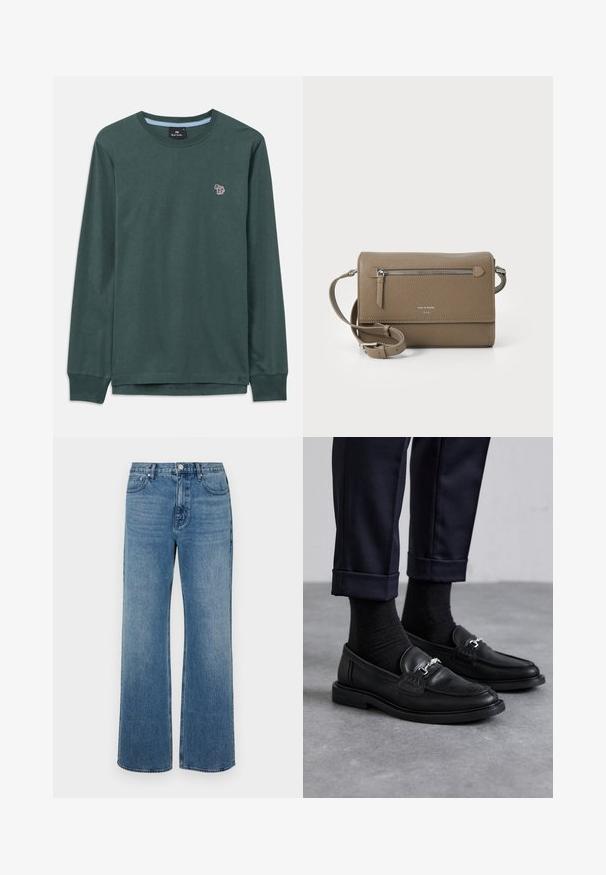 Long-sleeve dark green crew neck shirt with a small multicolored zebra logo on the left chest and ribbed cuffs.; Wide-leg blue jeans made of denim with a faded finish. Features five pockets, a front button closure, and a straight cut.; Black leather loafers featuring a textured finish, silver hardware detail, paired with dark socks and cuffed navy trousers.; Taupe leather crossbody bag with a zippered front pocket, adjustable strap, pebble texture, and embossed logo on the front.