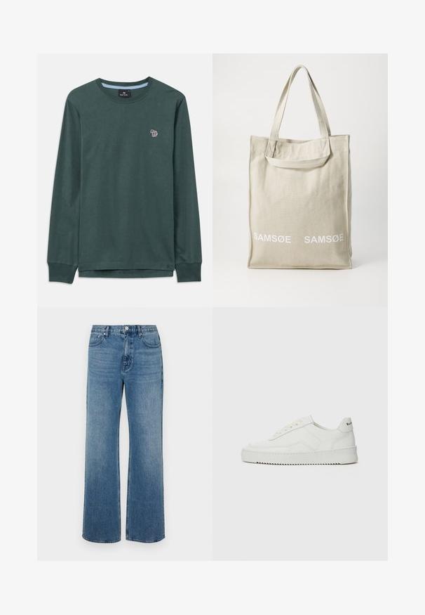 Tumši zaļš krekls ar garām piedurknēm, apaļu kakla izgriezumu, nelielu daudzkrāsainu zebras logo uz kreisā krūšu kadera un ribotām piedurknēm.; Platās kājas zilo džinsu bikses izgatavotas no zila auduma ar izbalējušu apdari. Tām ir piecas kabatas, priekšējais pogu aizdare un taisna piegriezuma forma.; Baltas ādas sneakers ar gludu virsmu, apaļu pirkstu daļu, plakaniem šņorēm un teksturētu zoli. Satur diskrētu logotipu uz papēža.; Gaišbēšas kanvas auduma somiņa ar divām rokturiem, priekšpusē baltā krāsā ir izdrukāts "SAMSOE" logo. Taisnstūra forma ar vienkāršu dizainu.