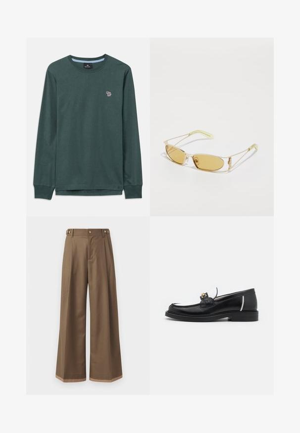 Long-sleeve dark green crew neck shirt with a small multicolored zebra logo on the left chest and ribbed cuffs.; Wide-leg trousers in a dark brown fabric, featuring two side pockets, two decorative front buttons, and a contrast hem detail.; Black leather loafer with a rounded toe, white accents, and gold hardware on the vamp. Features a textured patch and stacked heel.; Yellow-tinted sunglasses with a translucent gold frame, slim rectangular shape, and angular arms with light green accents.